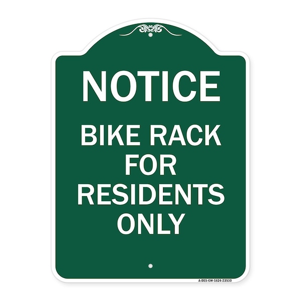 Sign Bike Rack for Residents Only, Green & White Aluminum Sign, 18" x 24", GW-1824-23530